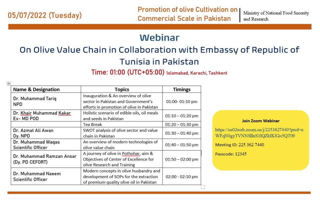 Webinar on Olive Value Chain in collaboration with Embassy of Republic of Tunisia in Pakistan